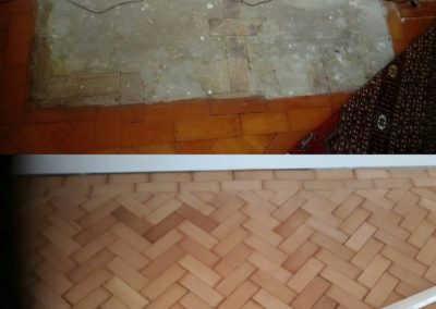 Removal of concrete hearth and replacement with parquet, before and after